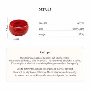 Especificaciones detalladas del brazalete de acrílico jaspeado rojo con dimensiones y peso