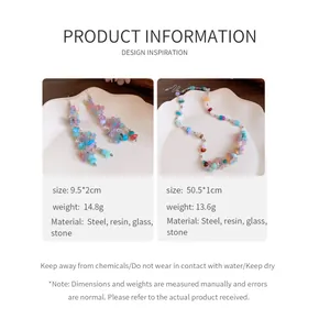 Detail chart showing dopamine resin flower necklace and earrings set with dimensions