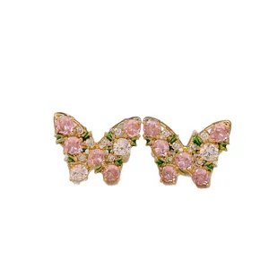 Eleganti orecchini a farfalla vintage francesi con zirconi rosa e bianchi lucidi
