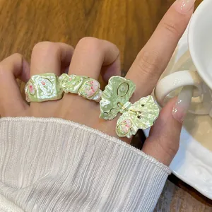 Sweet Green Enamel Flower Butterfly Adjustable Open Ring Alloy Artificial Pearl Niche Design Dopamine Style Jewelry Ring For Women