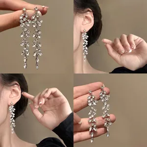 Boucles d'Oreilles Pendantes à Gland en Zirconia pour Femmes Longues Couleur Argent Bijoux Élégants pour Mariage Banquet Fête