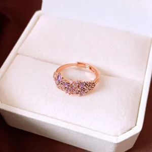 Luxury Irregular Flower Zirconia Ring Adjustable Open Finger Jewelry For Women High End Design Exquisite Purple Zirconia Copper Ring