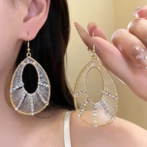 Luxury European Alloy Rhinestone Teardrop Hollow Pendant Ear Hook Earrings For Women Fashion Exaggerated Elegant Jewelry Gift