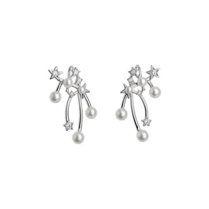 Elegant silver star and pearl drop earrings featuring sparkling rhinestone accents
