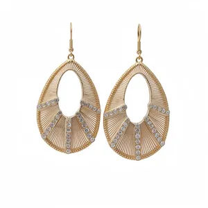 Elegant gold-plated teardrop hollow dangle earrings with sparkling rhinestone accents