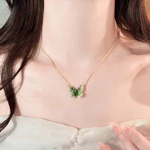 Light Luxury Butterfly Pendant Necklace Green Gradient Glass Zirconia Inlaid Gold Chain Artificial Pearl Jewelry For Women