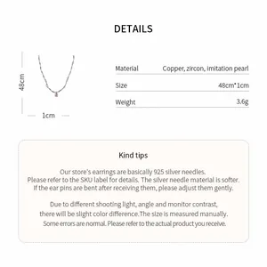 Product detail technical sheet for French style pendant necklace with pearl and zircon stones