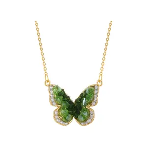 Elegant gold necklace with green butterfly pendant and crystal accents for women
