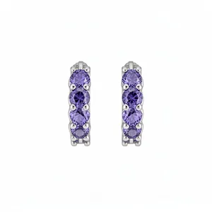 Elegant silver hoop earrings decorated with sparkling round-cut purple zircon stones.