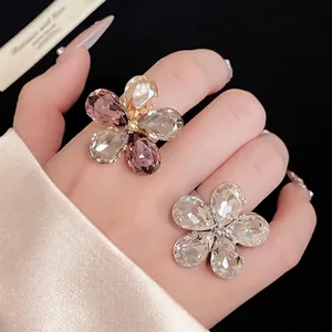 Vintage Alloy Rhinestone Flower Open Ring For Women Luxurious Adjustable Colorful Crystal Floral Finger Ring Party Jewelry Gift
