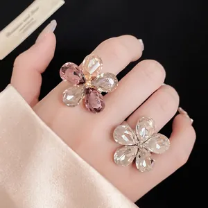 Elegant oversized crystal flower open rings with multi-color faceted teardrop petals