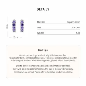Detailed specifications for purple zircon hoop earrings showing size, weight, and material