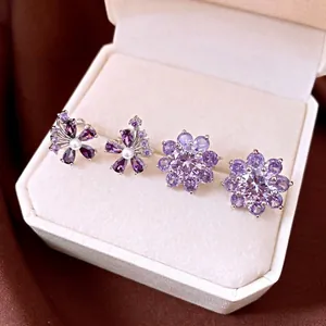 Exquisite Purple Zirconia Flower Ear Cuff Non-Pierced Clip On Earrings For Women Light Luxury Fashion Jewelry Accessory