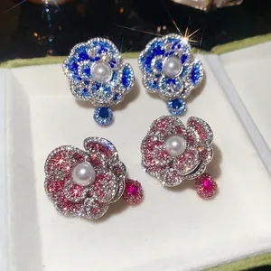 Vintage New Chinese Camellia Flower Drop Earrings Women Artificial Pearl Rhinestone Inlaid Jewelry Silver Earring Post Gift
