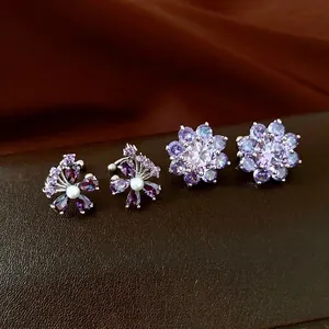 Exquisite purple zircon flower ear bone clips for non-pierced ears in silver finish.
