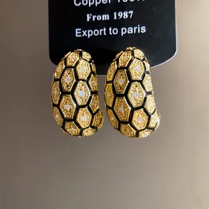 Elegant vintage 18k gold plated honeycomb hoop earrings with micro zircon stone inlay