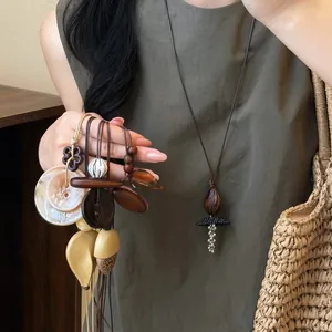 Vintage Ethnic Long Necklace Acrylic Resin Beads Geometric Irregular Pendant Leather Rope Sweater Chain For Women Jewelry