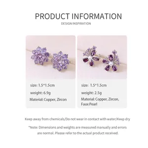 Detail of purple zircon flower ear cuffs with materials and size specifications