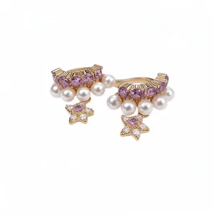 Clips d'oreilles dorés double couche avec perles et pendentifs étoiles et pierres mauves