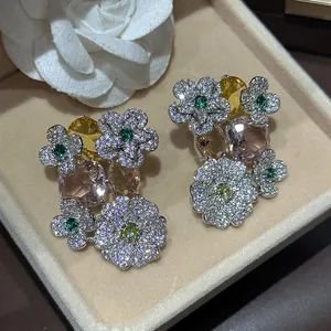Luxury Copper Inlaid Zirconia Flower Oval Stud Earrings For Women Trendy Floral Design Jewelry Gift Elegant Ear Studs