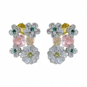 Exquisite zircon flower stud earrings with multi-color faceted gemstones for women.