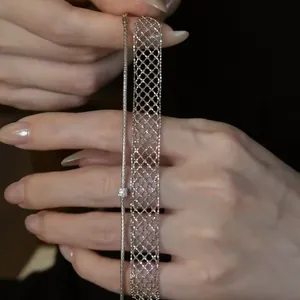 European American Minimalist Copper Silver Plated Mesh Bracelet Set Rhinestone Geometric Pull Chain Jewelry For Women Gift