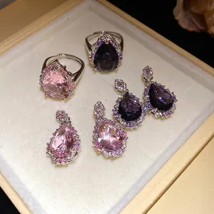 Fashion Copper Zirconia Water Drop Ring For Women Light Luxury High-End Pear Shaped Purple Pink Inlaid Finger Ring Jewelry