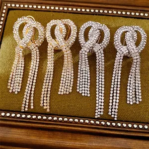 Luxury Alloy Rhinestone Knot Tassel Drop Earrings For Women Silver Earring Post Gold Silver Plated Elegant Party Jewelry Gift