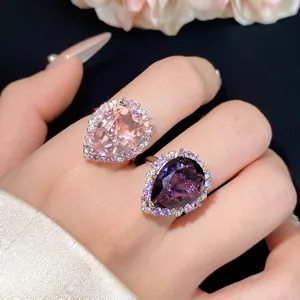 Luxury pear-cut cubic zirconia rings with double halo design in pink and purple