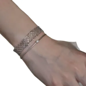 Minimalist silver-tone metal mesh and thin chain bracelet set for women's daily wear