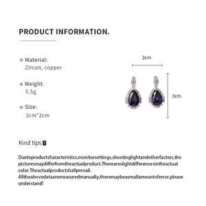 Detailed product info for purple teardrop zircon earrings showing size, weight, and material