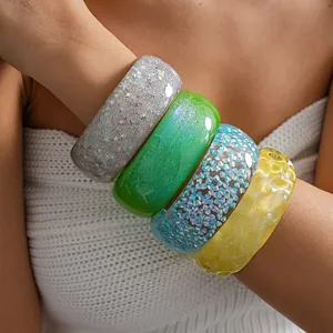 European Style Dopamine Resin Bangles For Women Iridescent Geometric Wrinkled Chunky Glitter Smudged Personalized Fashion Hand Jewelry