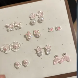 Korean Sweet Pink Enamel Artificial Pearl Stud Earrings For Women Elegant Flower Heart Zirconia Inlaid Alloy Jewelry Accessory
