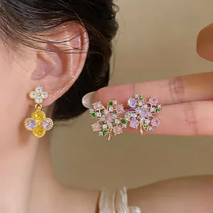 Luxury Copper Floral Stud Earrings for Women Colorful Zirconia Inlaid 925 Sterling Silver Earring Post Gold Plated Jewelry