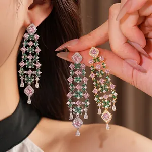 Elegant court style 18k gold plated tassel earrings with pink and green zircon flowers.