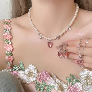 French Sweet Zirconia Beaded Resin Strawberry Artificial Pearl Necklace With 925 Sterling Silver Earring Post Jewelry Set For Women