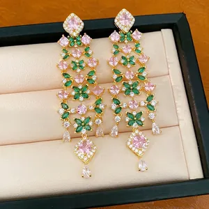 Elegant 18k gold plated pink and green crystal flower tassel earrings in jewelry box