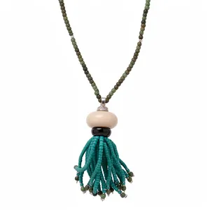 Vintage ethnic style sweater necklace with resin pendant and turquoise beaded tassels