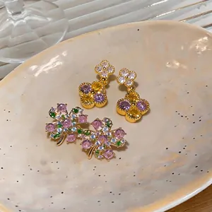 Sparkling floral zircon stud earrings with silver needles for women stylish gift