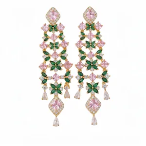Exquisite 18k gold plated floral tassel earrings featuring pink and green zircons.