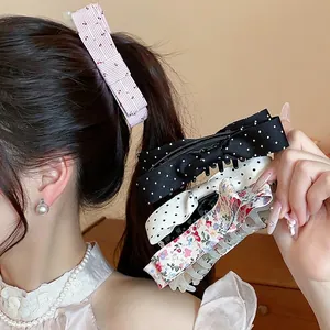 Korean Style Fabric Polka Dot Bow Banana Clip Elegant Floral Cherry Print Twist Clip Hair Accessories For Women Sweet Fashion Hairpin