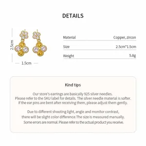 Detailed view of flower stud earrings with zircon settings and product specifications