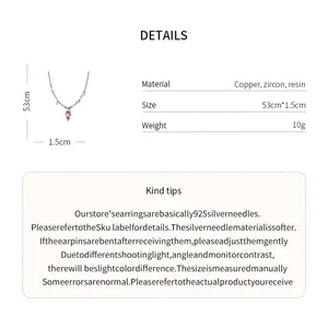 Detailed specification of the zircon beaded resin strawberry necklace showing material and size.