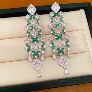 Luxury 18k gold plated floral tassel earrings with pink and green stones