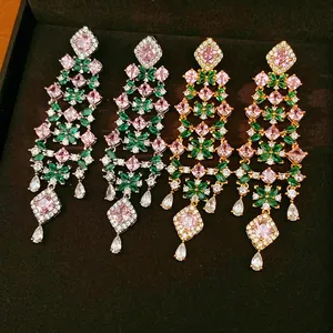 Elegant 18k gold plated floral tassel earrings with pink and green cubic zirconia stones