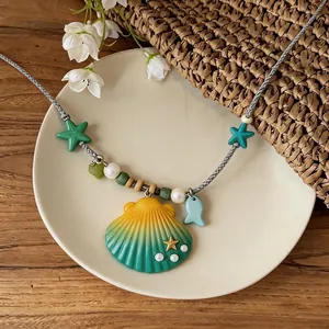 Summer vacation style ceramic shell and starfish pendant necklace for women