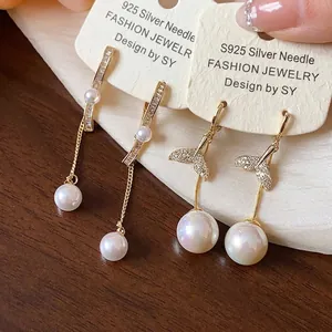 18K Gold Plated Copper Fish Tail Hoop Earrings With 925 Sterling Silver Post Fashion Rhinestone Artificial Pearl Earrings For Women