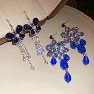 Luxury blue crystal teardrop and floral tassel drop earrings with sparkling silver needles