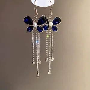 Elegant blue butterfly drop earrings with long sparkling rhinestone tassels for women