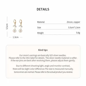 Detailed specifications and measurements of 18K gold plated fishtail pearl earrings with zircon